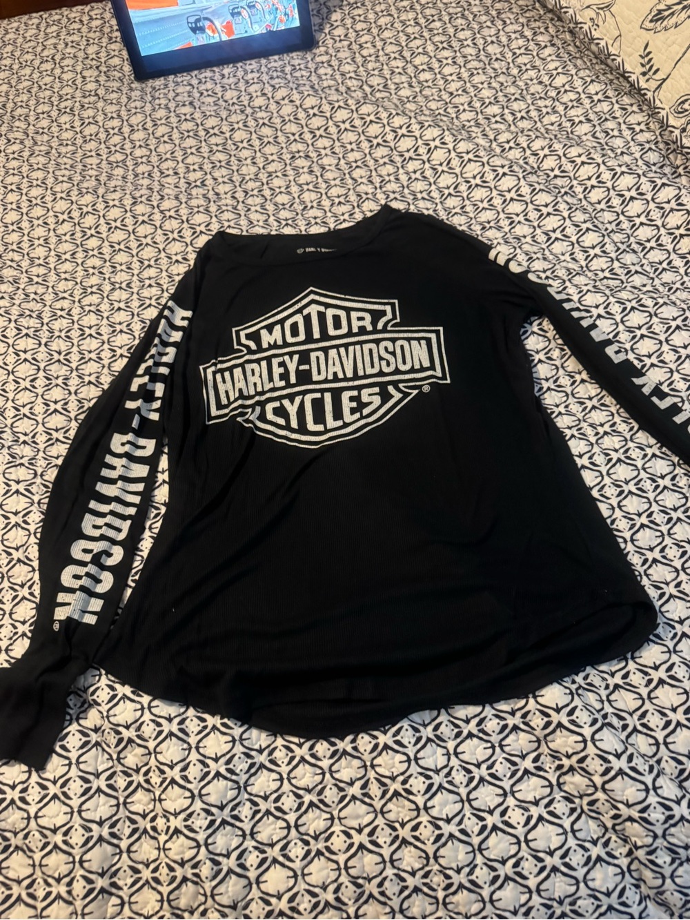Harley-Davidson Black Long Sleeve Shield Logo Tee with White Sleeve Script